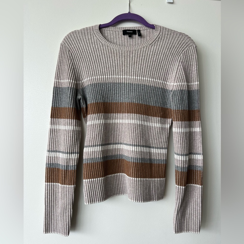 Theory Gray and Brown Crew Neck Sweater with Ribbed Knit